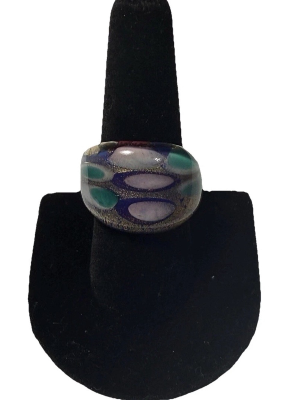 Artisan Glass Ring Made In India Size 7.5 Boho Hippie Turq, Purlp, Ivory
